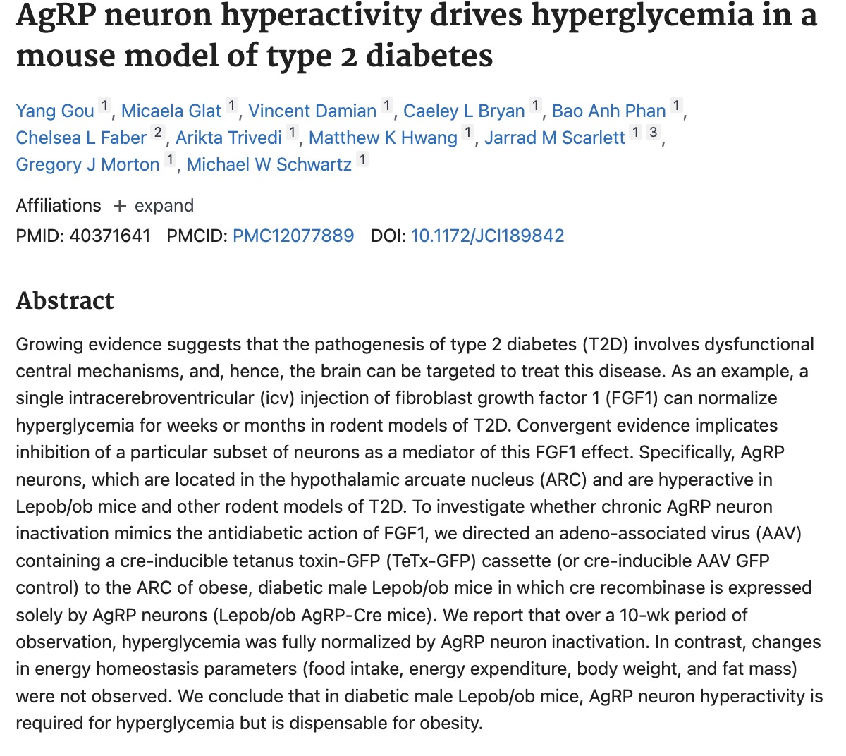 Published paper: AgRP neuron hyperactivity drives hyperglycemia in a mouse model of type 2 diabetes